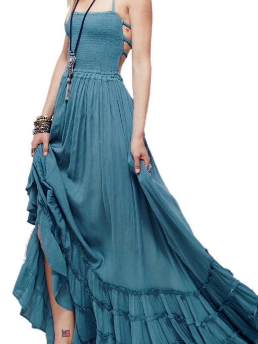 Smocked Bodice Teal Maxi Dress with Side Cutouts - Picture 1 of 6